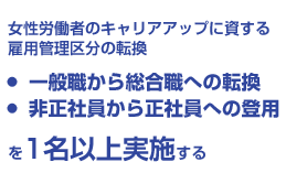 女性労働者のキャリアアップに資する雇用管理区分の転換 ・一般職から総合職への転換 ・非正社員から正社員への登用 をそれぞれ1名以上実施する